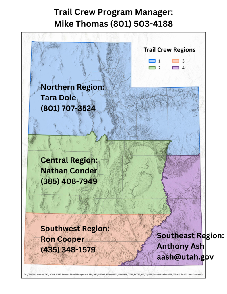 Utah's Statewide Trail Crew Program regions map and contact information.